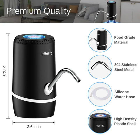 USB Charging Automatic Water Dispenser For 5 Gallon Bottle With Rechargeable Battery, stainless steel spout, silicone hose