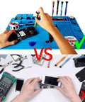 Pro Grade Silicone Repair Mat With Magnetic Features For Electronics Soldering, Two ESD Tweezers And Anti Static Wrist Strap in use