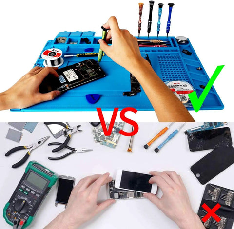Pro Grade Silicone Repair Mat With Magnetic Features For Electronics Soldering, Two ESD Tweezers And Anti Static Wrist Strap in use