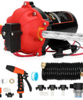 Beefy 12V Wash Down Pump Kit With 7.5 GPM And 80 PSI For Boats RVs And Campers displayed with accessories, nozzle, and hose