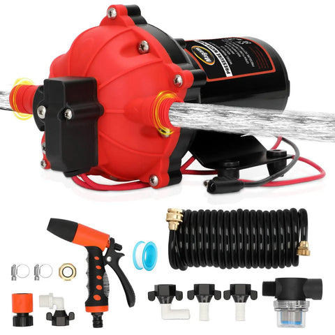 Beefy 12V Wash Down Pump Kit With 7.5 GPM And 80 PSI For Boats RVs And Campers displayed with accessories, nozzle, and hose