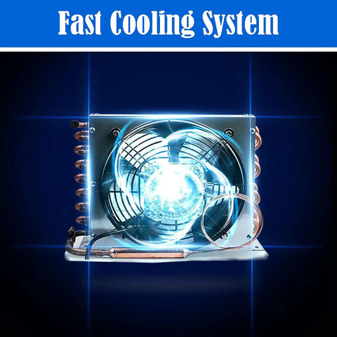 Portable Countertop Ice Cube Maker With Quiet Self Cleaning System And Sleek Led Panel showing fast cooling system fan and components.