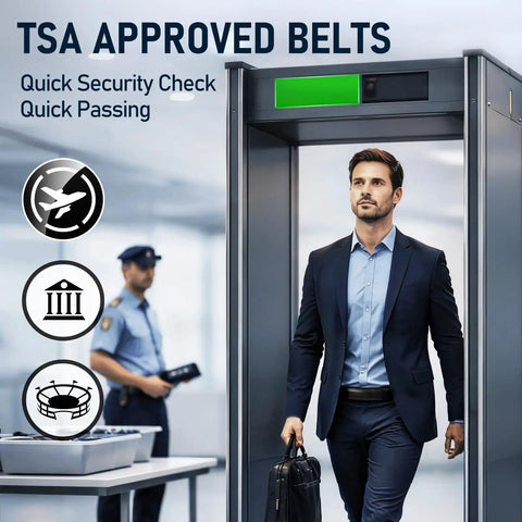 TSA approved Buckle Free Leather Work Belt For Men Featuring Hook And Loop Closure Adjustable Waist in security check.