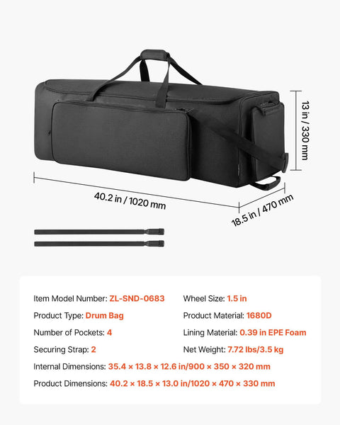 Rock Solid Drum Hardware Rolling Bag With Smooth Gliding Wheels And Extra Thick Padding For Snare Cymbal Stands And Kick Drum Pedals Legit Heavy Duty Music Gear Hauler In Black, measuring 40.2 x 18.5 x 13 inches.