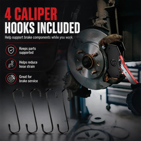 Ratcheting Brake Caliper Piston Compressor And Drum Brake Spring Installer Tool Kit with 4 caliper hooks displayed