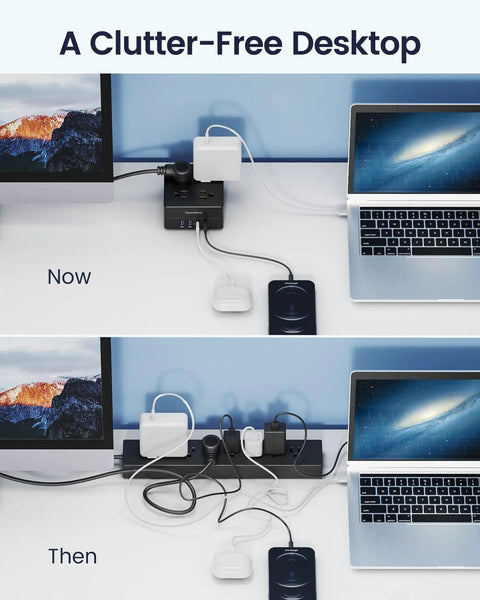 Desktop showing before and after using Power Strip Surge Protector With 9.8 Foot Cord And Mountable Design, 4 Widely Spaced Outlets And 4 Smart USB Ports.