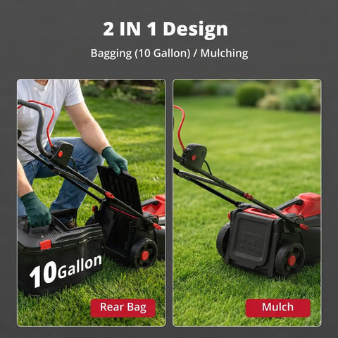 14-Inch Corded Electric Lawn Mower 2-In-1 With 12.5 Amp Motor, Gas-Free Power, Easy Push Start, Includes 10 Gallon Grass Collection Bag For Clean, Efficient Yard Work. 2-in-1 rear bag and mulch design