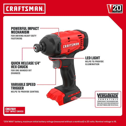 High Octane V20 Cordless Drill And Impact Driver Combo Kit Including Two Ah Battery Charger With 1700 Rpm Motor 1/2 Inch Chuck Led Work Light For Serious Weekend Warrior Shop Projects, impact driver side view with features labeled.