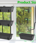 Get Your Garden Game On Point With This Set Of Two Deck Railing Planter Boxes That Clip Over Fence Rails Packed With Six Tough Plastic Flower Pots To Make Growing Herbs Veggies Or Blooms An Absolute Breeze For Chill Weekends And Easy Peasy Garden Vibes. Size chart showing measurements of planter boxes and hooks.