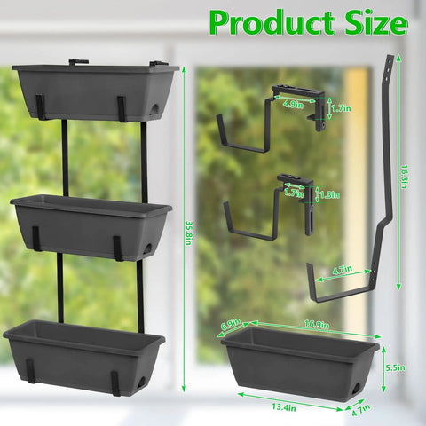 Get Your Garden Game On Point With This Set Of Two Deck Railing Planter Boxes That Clip Over Fence Rails Packed With Six Tough Plastic Flower Pots To Make Growing Herbs Veggies Or Blooms An Absolute Breeze For Chill Weekends And Easy Peasy Garden Vibes. Size chart showing measurements of planter boxes and hooks.