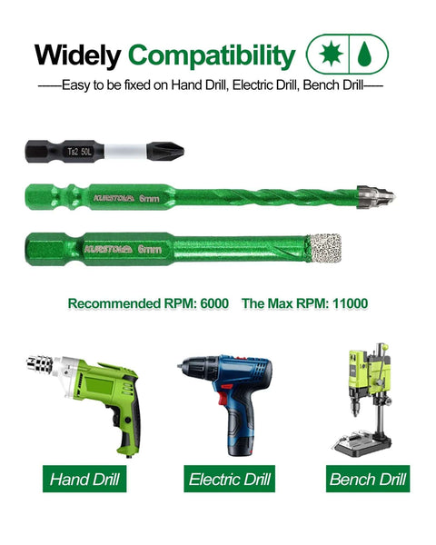KURSTOL 10-piece serrated masonry drill bit set; green carbide-tipped bits in 1/4, 5/16, 3/8, 1/2 in (front view).