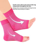 Close-up of feet wearing pink compression socks for pain relief, showing directional arrows, highlighting ankle and arch support.