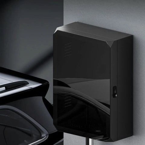 Tough Wall Mount EV Charger Cover For Your Daily Plug In Rig, Heavy Duty Outdoor Shell, Matte Black finish with dual key lock.