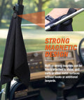 Magnetic Golf Towel 23.6x15.7 Inches hanging on a golf cart with strong magnetic attachment, waffle weave detail visible.