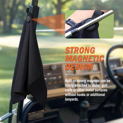 Magnetic Golf Towel 23.6x15.7 Inches hanging on a golf cart with strong magnetic attachment, waffle weave detail visible.