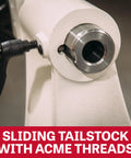 Sliding tailstock with Acme threads detail of Heavy Workhorse 18X40 Electronic Variable Speed Woodworking Lathe 2HP 230V.