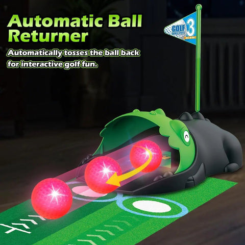 Upgraded Kids Golf Set With Dinosaur Automatic Returner Light Up Night Golf Balls 3 Clubs Putting Mat Ages 3 To 8 Mini Golf Game Kit