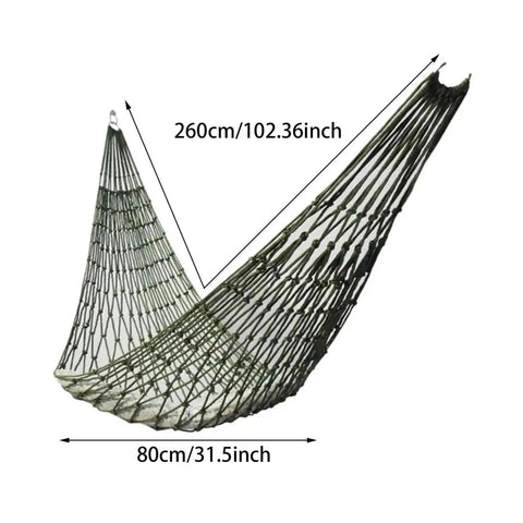 Army green mesh hammock measuring 260cm by 80cm. Bold Mesh Hammock With Nylon Rope For One Person Outdoor Camping Gear Army Green Breathable Hanging Chair.