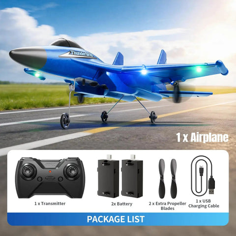RC Plane For Kids And Adults Easy To Fly With Gyro Stabilizer 2.4GHz Remote Control Aircraft Jet Helicopter Fighter Toy blue on runway.