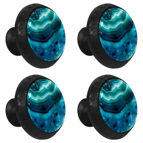 Slick Blue Marble Agate Cabinet Knobs 4 Pack Round Drawer Pulls With A Sleek Black Dresser Handle Base featuring blue marble design.