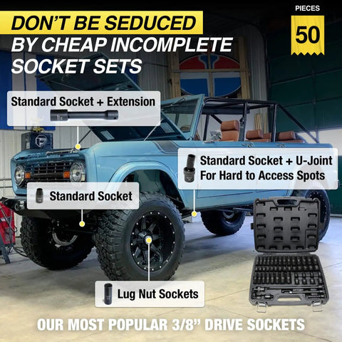Ultimate 50-Piece Do It All Three-Eighths Inch Drive Impact Socket Pro Set With SAE And Metric Sizes From Five-Sixteenths To Three-Quarters Inch Including Standard And Deep Sockets Extensions Adapters And More For Heavy Duty Projects