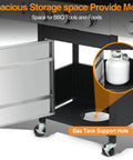 Close-up of Three Burner Propane Gas Grill With Side Burner And Cabinet Storage, showing cabinet with propane tank space.