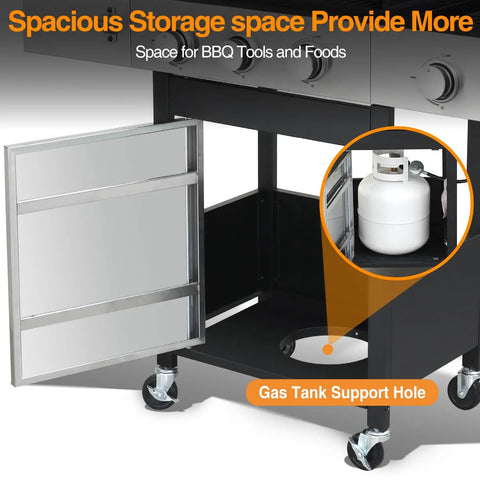 Close-up of Three Burner Propane Gas Grill With Side Burner And Cabinet Storage, showing cabinet with propane tank space.