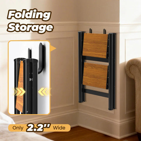 Slick Lightweight Aluminum Folding Step Ladder With Wide Pedals And Anti Slip Design 2 Step Stool folded for wall storage, 26.2 in wide