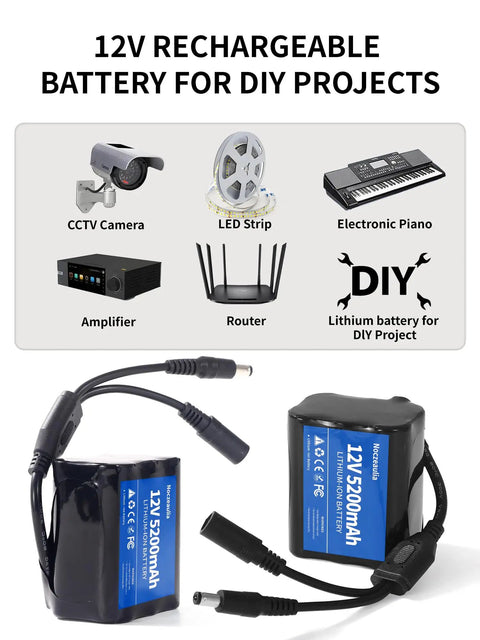 12V 5200mAh Lithium Battery Pack With 1A Charger for CCTV camera, router, and DIY projects image.