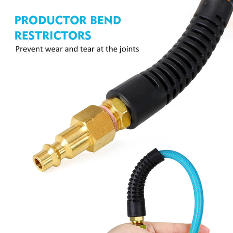 Close-up of Quarter Inch X 100 Feet Reinforced Polyurethane Air Compressor Hose With 300 Psi Quick Connect Coupler and Plug Kit.