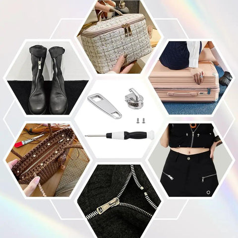 Stainless Steel Zipper Repair Kit With Replacement Slider For Jackets Luggage Bags Suitcases Tents And Outdoor Gear Rust Proof 304 Zipper Head Easy Install Durable Fix You Can Trust, showcasing different repair uses on various items like boots and luggage.