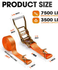 Pro Grade 4 Pack 2 Inch Ratchet Straps Heavy Duty Tie Down Ratcheting With J Hook And Reinforced Steel Wire Clips showing dimensions and breaking strength details.