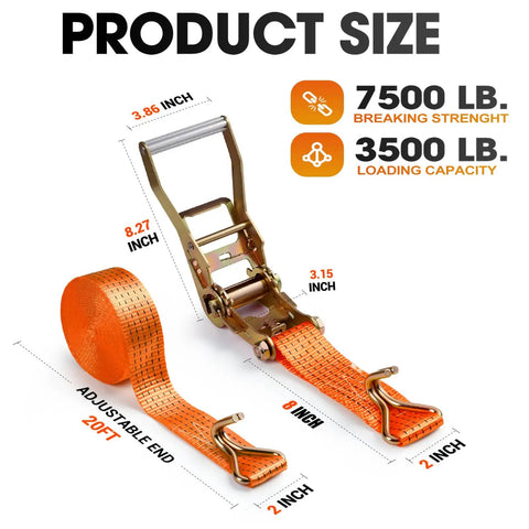 Pro Grade 4 Pack 2 Inch Ratchet Straps Heavy Duty Tie Down Ratcheting With J Hook And Reinforced Steel Wire Clips showing dimensions and breaking strength details.