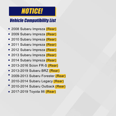 Compatibility list for Two Piece Rear Wheel Bearing And Hub Assembly, showing various Subaru, Scion FR-S, and Toyota 86 models.