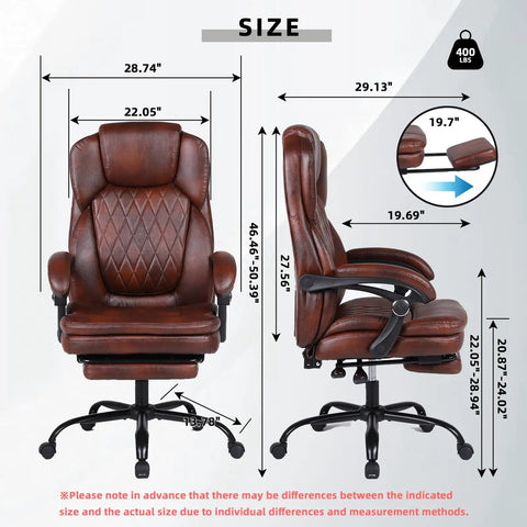 Dimensions of Big And Tall Office Chair With Foot Rest, Ergonomic High Back PU Leather Reclining Desk Chair in brown