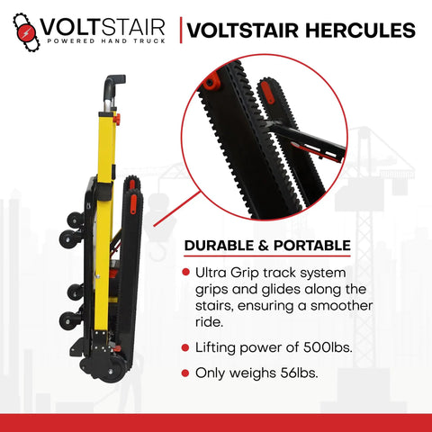 Voltstair Hercules Motorized Battery Stair Climbing Hand Truck Portable Electric Dolly with Ultra Grip track system and 500 lb capacity.