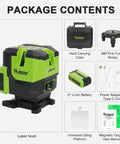Pro Grade Multi Line Laser Level With Four Vertical Lines And A 360 Degree Horizontal Floor Line Self Leveling Green Cross Line Rotating Base Includes Two Li Ion Batteries For Precise Tile Stone Carpet And Floor Installations package contents including laser level, hard case, rotary base, battery, and accessories.