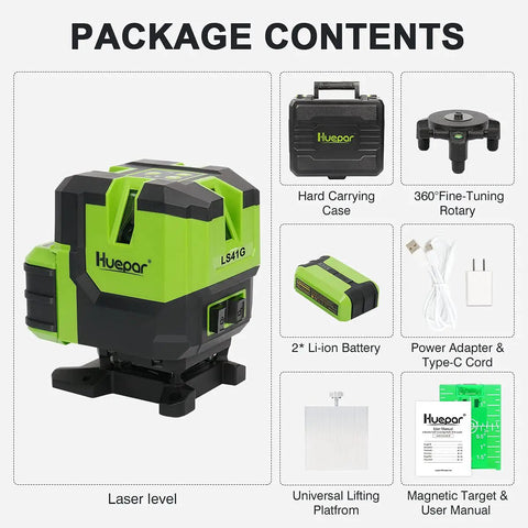 Pro Grade Multi Line Laser Level With Four Vertical Lines And A 360 Degree Horizontal Floor Line Self Leveling Green Cross Line Rotating Base Includes Two Li Ion Batteries For Precise Tile Stone Carpet And Floor Installations package contents including laser level, hard case, rotary base, battery, and accessories.
