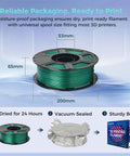 Diagram of Rapid PLA Filament 1.75mm Aurora Green 1kg Spool with packaging measurements and moisture-proof features