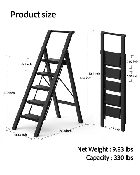 Five Step Aluminum Ladder Foldable Step Stool For Home And Garage Lightweight Under 10 Pounds Space Saving Grab And Go Convenience Stable Heavy Duty Build Open Height 45.6 Inches Folds Down To 2.17 Inches For Easy Storage, product size diagram