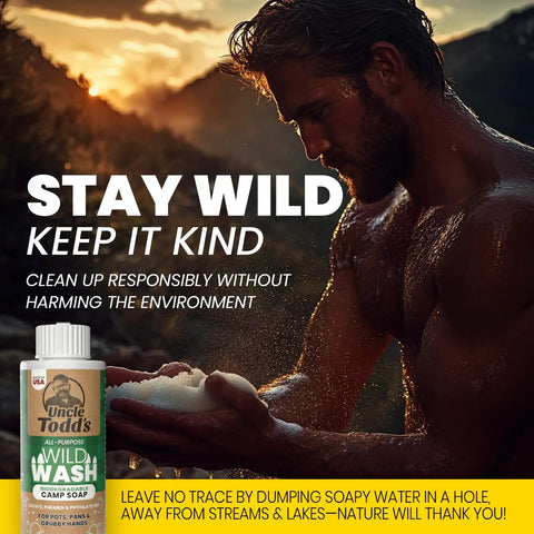 Man lathering with Biodegradable Camping Soap For Dishes, Body, Hands, And Clothes With Sage Scent 4oz Eco Friendly Outdoor Cleanser