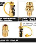 Close-up of brass quick connect valve set including 1/4" Male NPT, 1/4" Female NPT, with shutoff valve and cylinder thread.