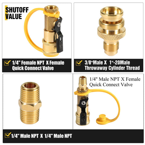 Close-up of brass quick connect valve set including 1/4" Male NPT, 1/4" Female NPT, with shutoff valve and cylinder thread.