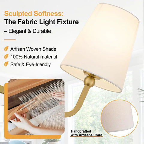 Top Tier Three Light Brushed Gold Vanity Lights With Flared White Fabric Shades Smooth bathroom fixture with woven shade detail.