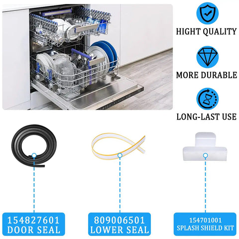 Complete Dishwasher Door Seal Kit With Bottom Gasket And Splash Shields Replacement Set To Stop Leaks And Restore A Tight Seal On Most Dishwashers Includes Door Seal Bottom Gasket And Splash Shield Parts displayed with dishwasher and quality icons