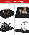 Oil Spill Mat For Garage Floor Absorbs Oil And Liquids With Waterproof Backing Keeps In Place Reusable Washable Heavy Duty 29 By 36 Inches Black And Orange To Protect Concrete From Stains shown with various uses including under table, pets, motorcycle, and exercise bike.