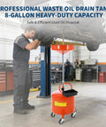 Upgrade Your Shop With This Tough 8 Gallon Waste Oil Drain Tank Featuring An Adjustable Funnel, Portable Air Operated Drainer For Fluid Transfer, Heavy Duty Rust Proof Steel Build With Wheels And Toolbox Storage. Mechanic using air operated oil drain tank with 8-gallon capacity under vehicle.