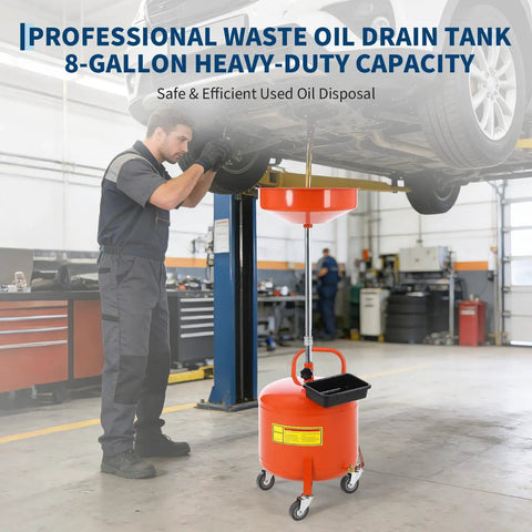 Upgrade Your Shop With This Tough 8 Gallon Waste Oil Drain Tank Featuring An Adjustable Funnel, Portable Air Operated Drainer For Fluid Transfer, Heavy Duty Rust Proof Steel Build With Wheels And Toolbox Storage. Mechanic using air operated oil drain tank with 8-gallon capacity under vehicle.