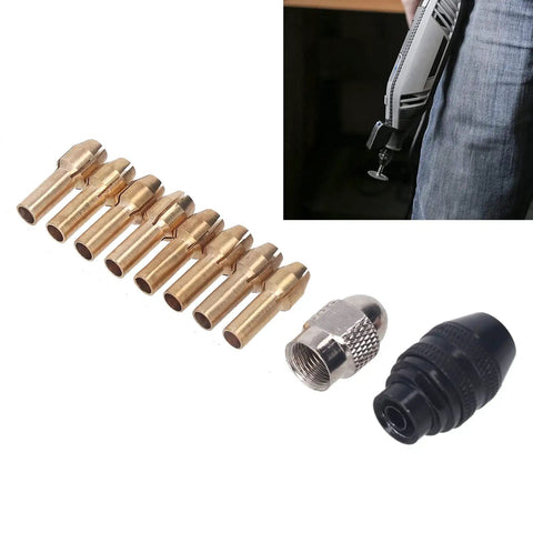 Heavy Duty Keyless Drill Chuck Collet Set Fits 1/32 To 1/8 Inch with eight brass adapters and stainless nuts for tiny bits.