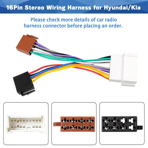 Stereo Wiring Harness Adapter Replacement For Hyundai Elantra Sonata Accent Tucson XG300 And Kia Rio Sedona 16 Pin Car Audio Connector Kit Easy Plug In Harness For Aftermarket Radio with multi-colored wires.